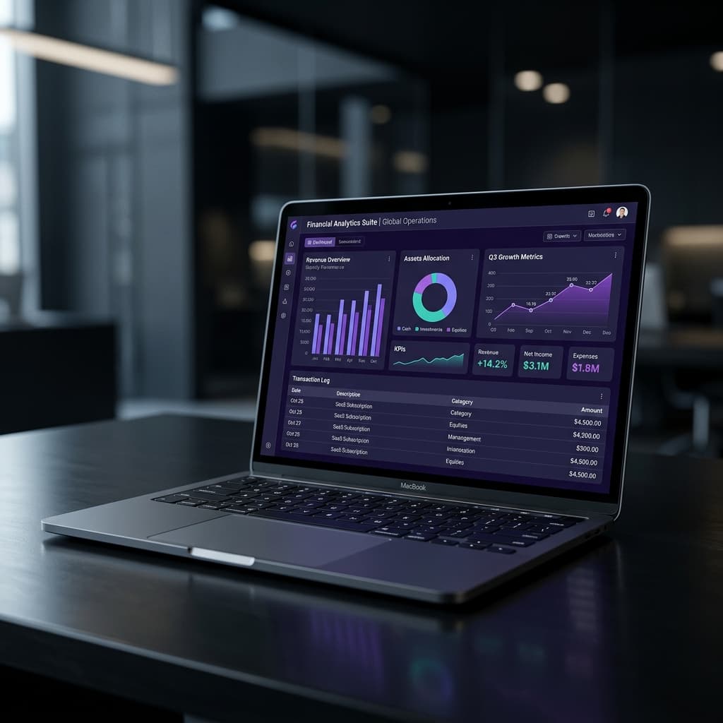 Laptop displaying Strata financial analytics with charts and data tables